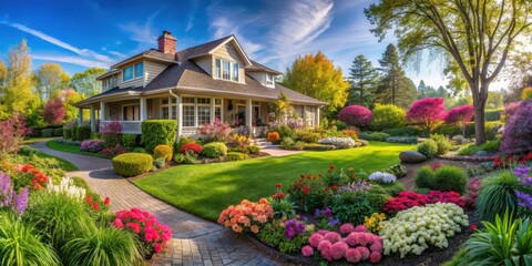 Obraz premium house panoramic view with blooming flowers and lush greenery in spring season, outdoor living spaces , serene landscapes