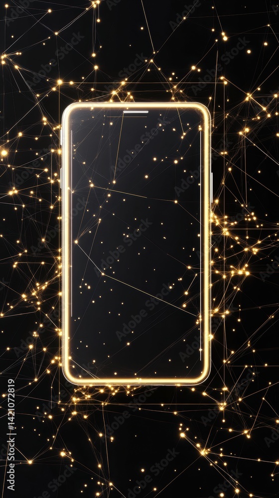 Aufkleber illuminated smartphone is positioned in a dark space, enhanced by a network of bright dots and lines