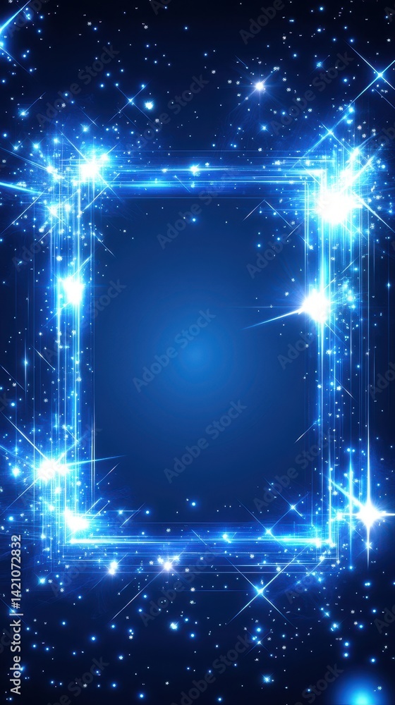 Poster a glowing blue frame shimmers with magical starlight particles, creating a vibrant and enchanting bo