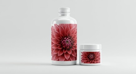 Dahlia Pinnata Flower Close Up on White Product Bottles For Brand Promotion and Derivative Mockup Display Against Neutral Background