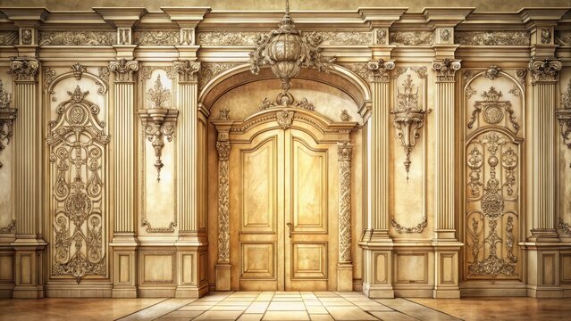 A pencil sketch of a grand entrance with intricate carvings and ornate details, set against a warm and inviting background, sophistication, elegance