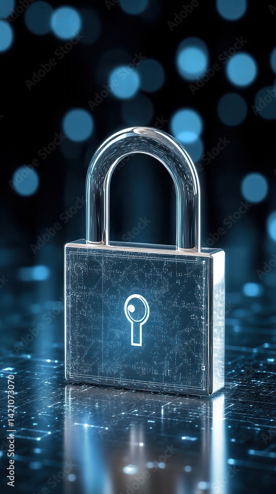 Poster a sleek silver padlock with a glowing keyhole rests on a circuit board surface with a blurred backgr