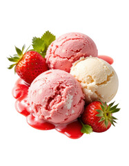 Delicious Strawberry and Vanilla Ice Cream Scoops with Fresh Strawberries on White Background