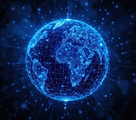 Obraz premium A vibrant blue Earth, adorned with glowing connections and dotted lines representing global networks, showcases a dynamic web of communication and technology across continents.
