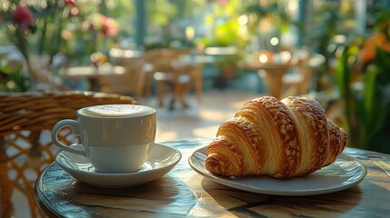 Freshly baked croissant and coffee on a wooden table in a vibrant caf? with lush greenery