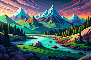 Amazing vector of the mountain landscape and a river across the green fields