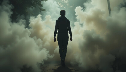 Obraz premium Silhouette of Determination: A solitary figure strides confidently through a thick cloud of smoke. Their silhouette cut against the muted backdrop exudes determination and resilience.