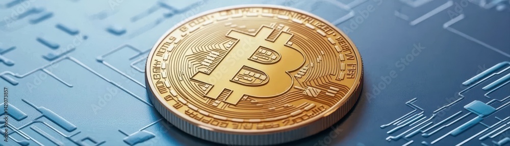 Poster close-up shot of a gleaming gold cryptocurrency coin resting securely on a high-tech microchip backg