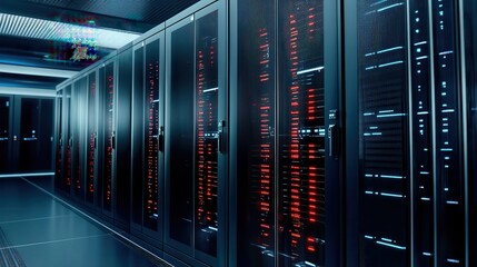 Rows of illuminated servers create a futuristic and powerful data storage system within a high tech dark server room displaying glowing red indicators of activity.
