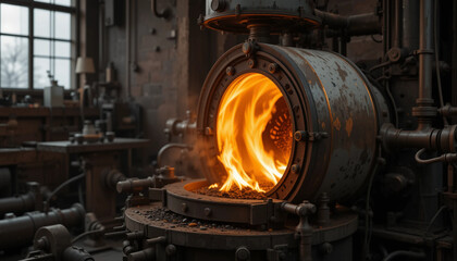 Furnace in Foundry: A close-up view showcases an industrial furnace, glowing with intense fire, within the old foundry environment.