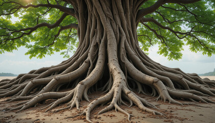 Majestic Tree with Expansive Roots: A grand tree, its gnarled roots spread wide, intertwining across the earth, creating a breathtaking tableau of strength and endurance.