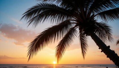 Obraz premium Sunset Palm Silhouette: A majestic palm tree silhouette stands tall against a vibrant sunset over a calm ocean, creating a serene and picturesque tropical scene.