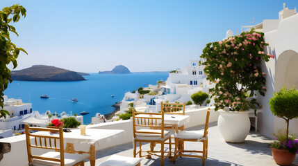 Fototapeta premium Santorini Terrace View with Bougainvillea and Aegean Sea Horizon