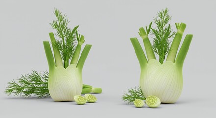 Foeniculum Vulgare Bulb and Fronds Derivative Product Display Fennel Mockup Featuring White Bulbs and Green Leaves in a Botanical Detailed Presentation