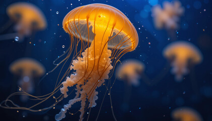 Obraz premium Glowing Jellyfish in Deep Ocean: Witness the ethereal beauty of glowing jellyfish gracefully drifting in the depths of a vibrant, sunlit ocean, creating a mesmerizing underwater spectacle. 