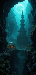 Obraz premium A mysterious cave with a wide, dark entrance leads into a bustling city beyond, where vibrant lights and sounds contrast with the cave's rugged, natural stone walls.