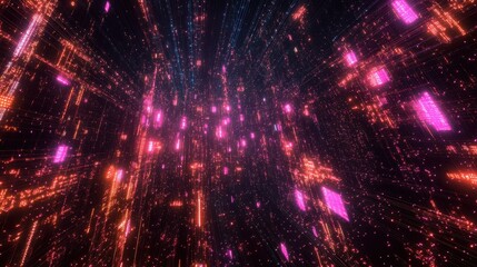 Fototapeta premium Abstract digital background with glowing pink and orange data streams. Use to illustrate concepts like data processing, AI, or technology of future.