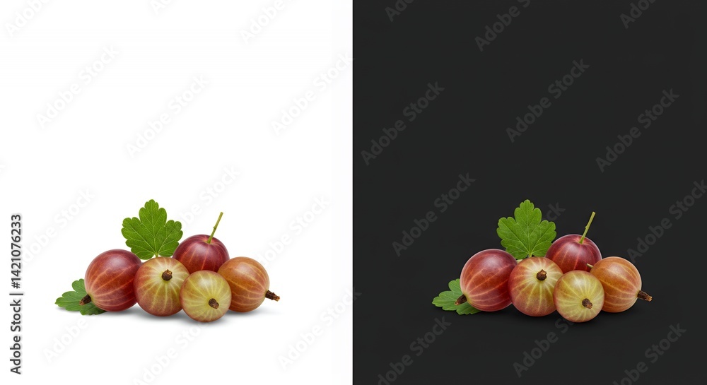 Poster gooseberry or ribes uva-crispa derivative mockup featuring fruits and leaf structure displayed again