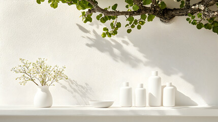 White Minimalist Home Decor with Spring Branches and Sunlight