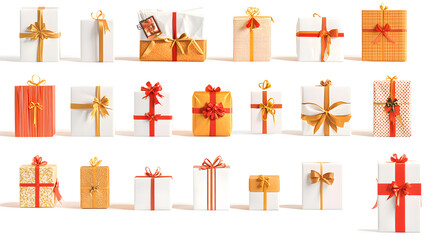 A collection of red and white gift wrapped presents with a red and gold ribbon bows isolated against a transp