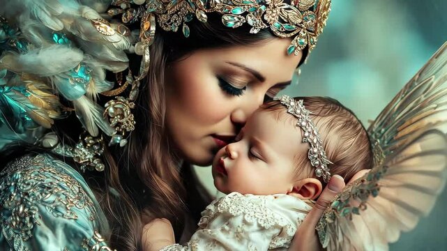 Mom lovingly comforts her newborn baby angel in a serene and magical setting, happy mom comforting her newborn baby angel