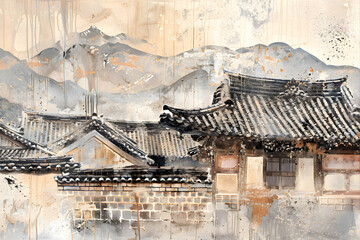 Traditional Korean House in Ink Wash Style Landscape - Time and Tranquility