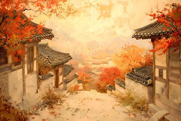 Traditional Korean House in Ink Wash Style Landscape - Time and Tranquility