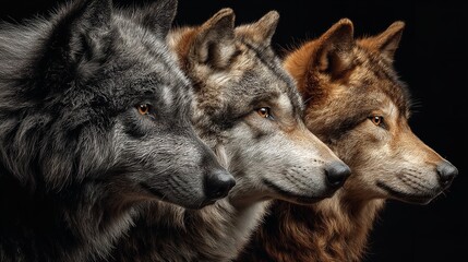 Obraz premium Close-Up Portrait of Three Wolves Side by Side, Profile View, Black Background