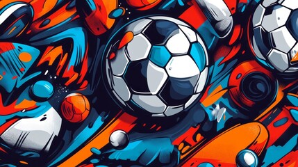 Dynamic composition features multiple soccer balls amidst abstract vibrant shapes
