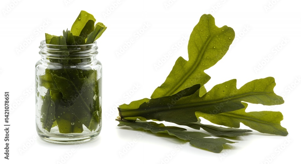 Poster sargassum seaweed derivative mockup displaying leaf structure and growth patterns in clear jar on br