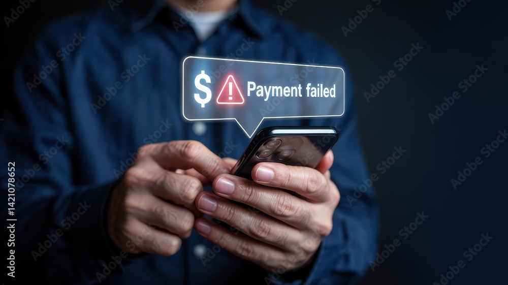 Poster a man's hands hold a phone displaying a payment failure notification.