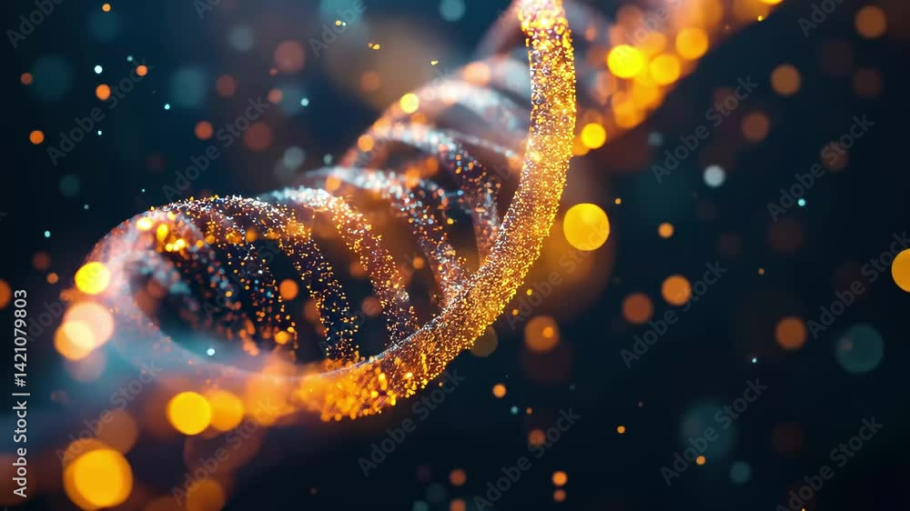 Leinwandbilder Scientific data processing visualizes intricate details of a glowing DNA strand with vibrant particles in the background, scientific data processing over dna strand