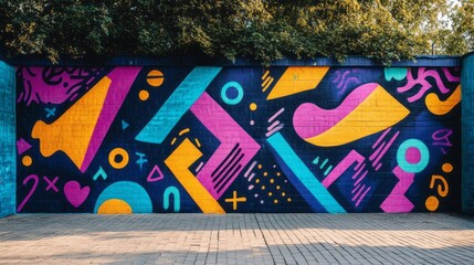 Colorful geometric mural adorns a brick wall outdoors beautifully