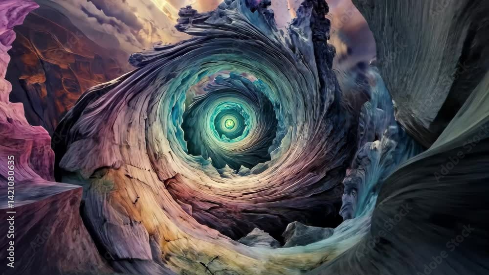 Poster Explore the mesmerizing colors and shapes within a swirling vortex during twilight hours, Journey into the Vortex