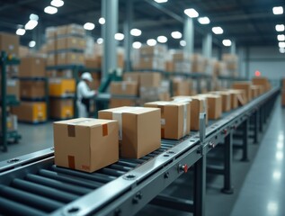 Conveyor belt with packages, robotic sorters, no people, warehouse interior, visualizing workforce automation in logistics and distribution

