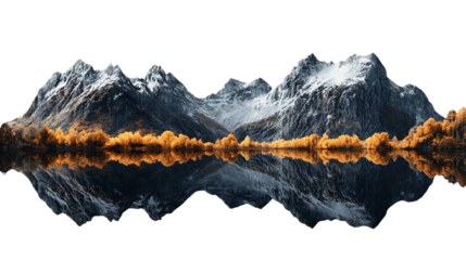 Snow-Capped Mountains Reflected in Autumnal Lake, PNG