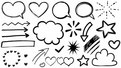 Editable Doodle Icon Vector Set, Hand-Drawn Shapes and Arrows Pack, Mixed Color and Black Doodle Elements, Sketch Style Vector Shapes for Design, Crayon and Marker Scribble Icons, Heart and Bubbles