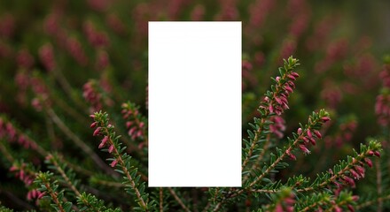 Blank Product Mockup Display over Blurred Portuguese Heath Erica Lusitanica with Pink Flowers and Green Leaves for Natural Product Promotion Ideal for Spring and Earth Day