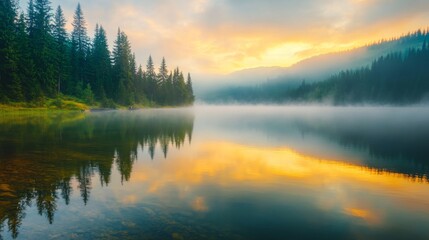 Fototapeta premium Misty morning landscape of lacu rosu lake with dense fog and calm water at sunrise in harghita county, romania, serene summer nature scene in eastern europe 