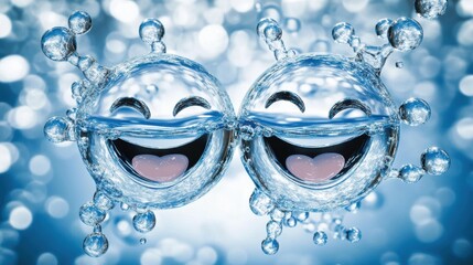 Two happy water droplets, smiling and splashing, evoke joy and refreshment. A playful visual representing the feeling of happiness and hydration.