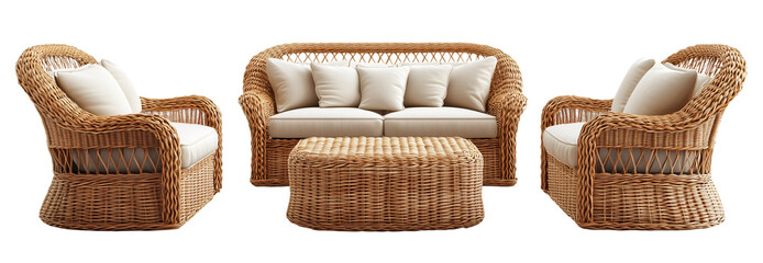 stylish rattan outdoor sofa set featuring three seater sofa, two armchairs, and coffee table. set is crafted from natural rattan with plush white cushions, perfect for cozy patio setting