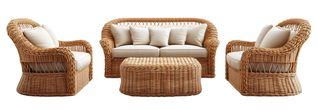 stylish rattan outdoor sofa set featuring three seater sofa, two armchairs, and coffee table. set is crafted from natural rattan with plush white cushions, perfect for cozy patio setting