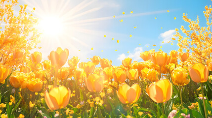 A collection of yellow tulips flower isolated on a flat background