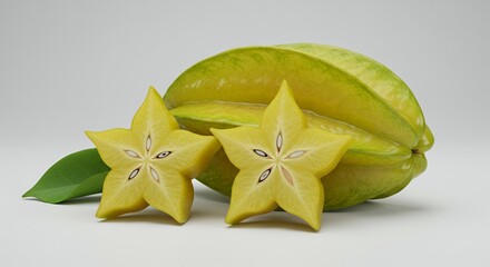 Fototapeta premium Detailed Carambola Fruit Displaying Star Shape and Seed on White Backdrop for Product Mockup and Promotion