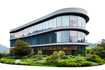 Photograph of a modern, oval-shaped office building with a curved glass facade, set in the countryside surrounded by greenery and mountains. Transparent background PNG