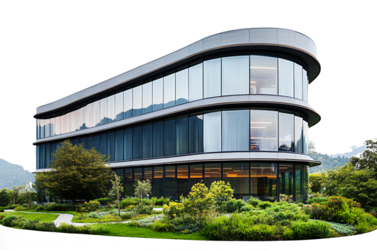 Photograph of a modern, oval-shaped office building with a curved glass facade, set in the countryside surrounded by greenery and mountains. Transparent background PNG