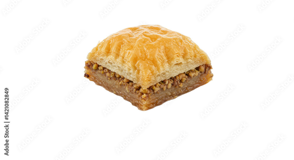 Poster a close up shot of a single piece of baklava with nuts on a black background in a studio setting