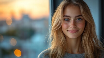 Fototapeta premium Golden Hour Beauty: Portrait of a Young Woman with Freckles