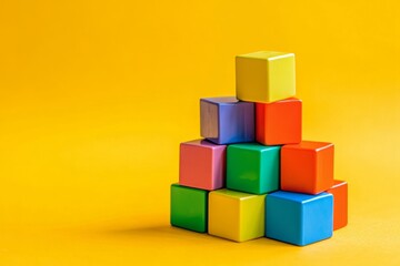 Obraz premium Colorful wooden blocks pyramid on yellow background