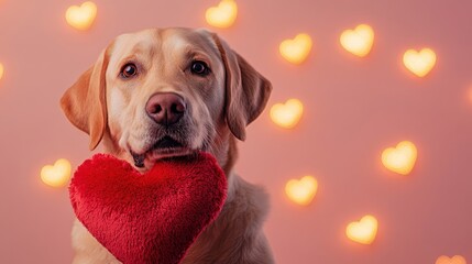 Golden Retriever Holding a Red Heart-Shaped Pillow